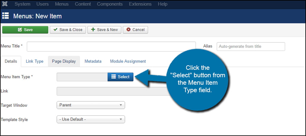 Joomla Menu Type Select