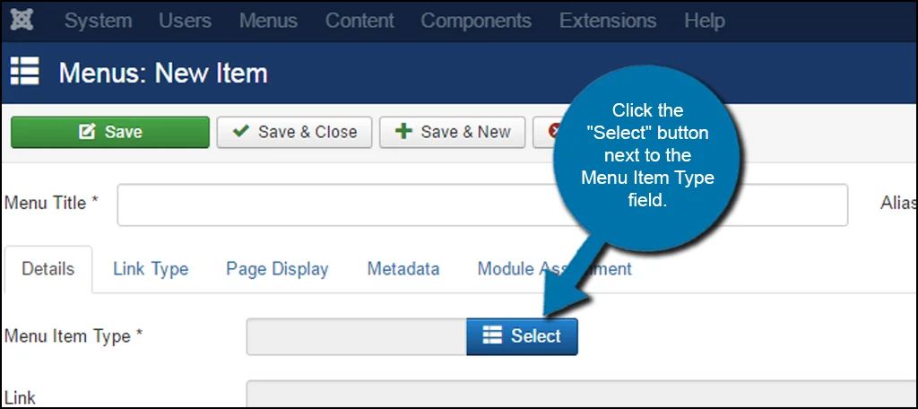 Seleccionar tipo de menú de Joomla