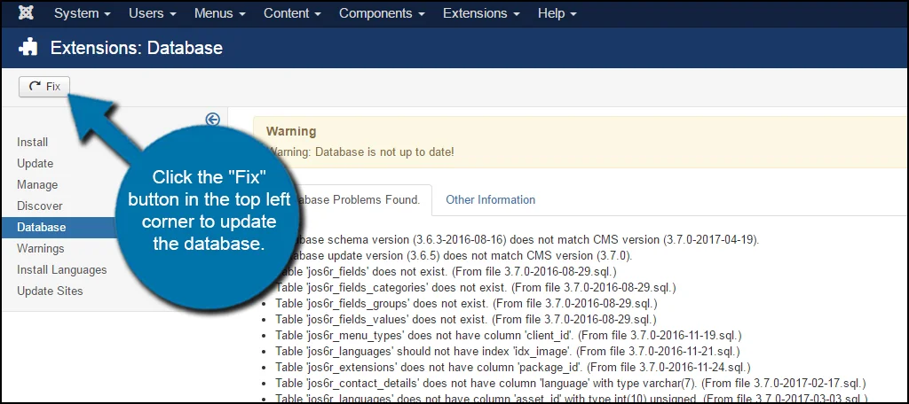 Arreglar la base de datos de Joomla