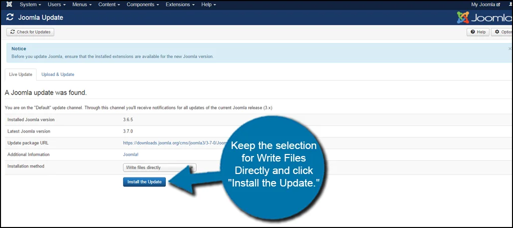Actualización de instalación de Joomla