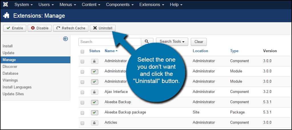 Joomla Uninstall Extension