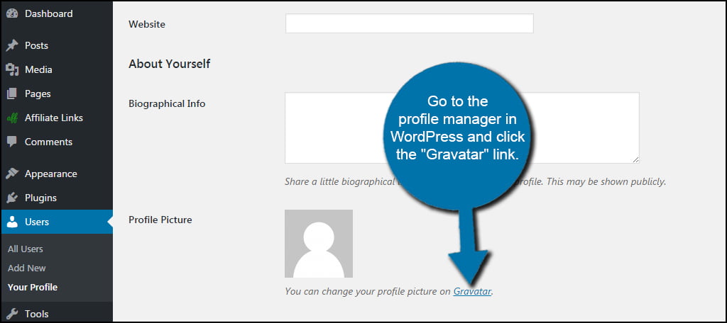 Click on the Gravatar Link to add an Author photo in WordPress