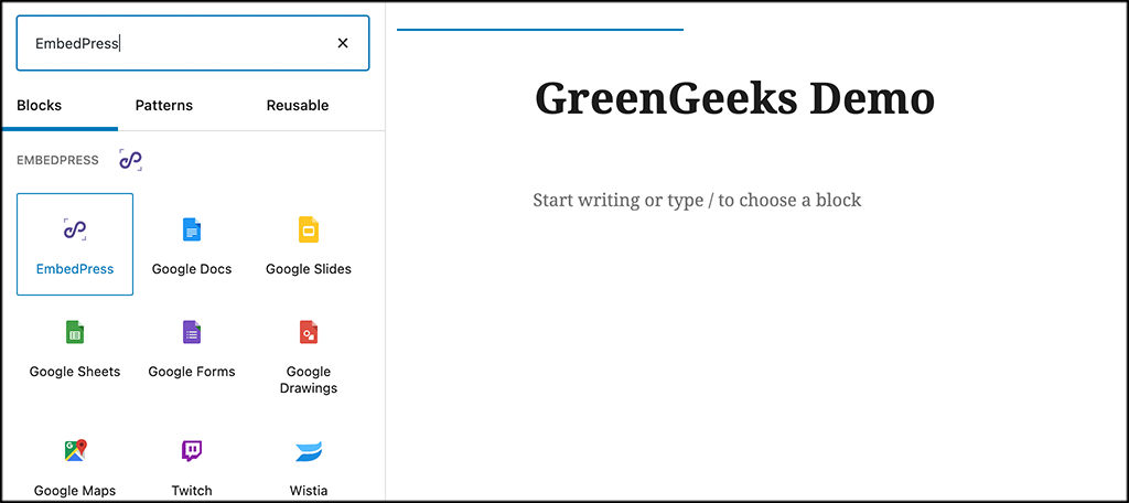 Search for the EmbedPress block