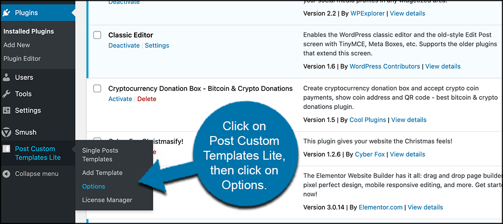 Click on post custom templates lite then on options