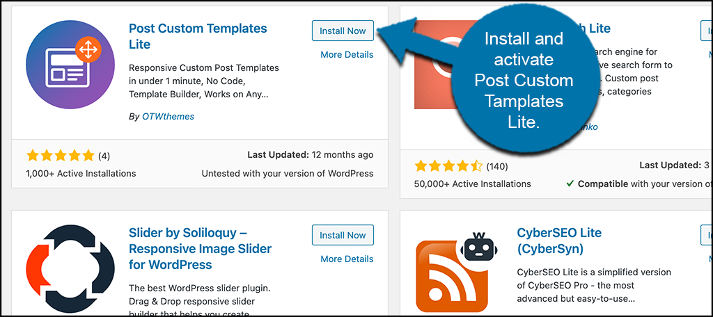 Install and ativate post custom templates lite