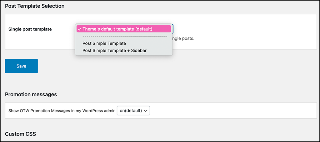 single post template options page