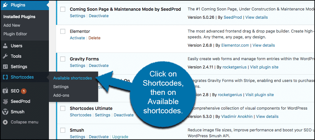 Shortcodes then available shrtcodes