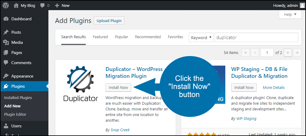 click to install the WordPress Duplicator plugin