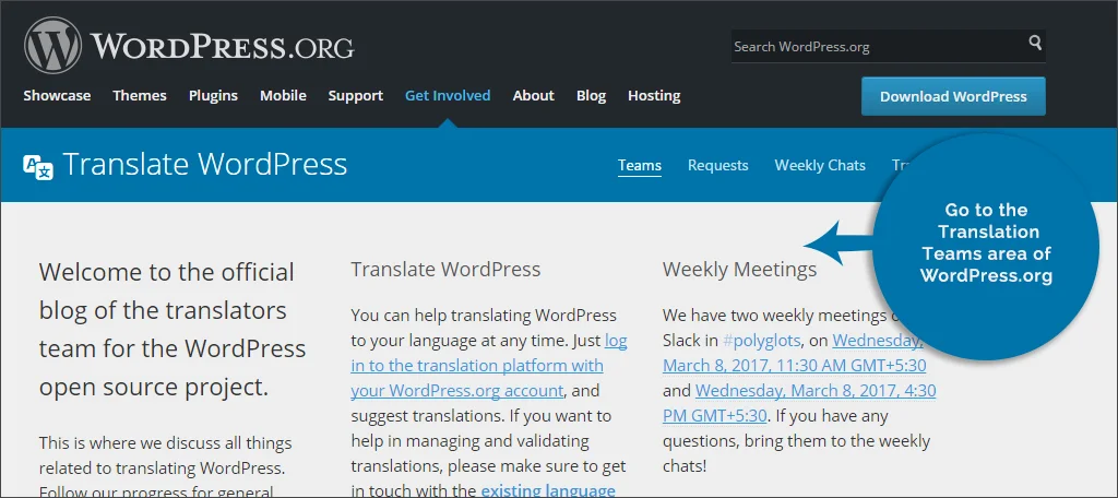 Go to Translation Teams Area of WordPress.org