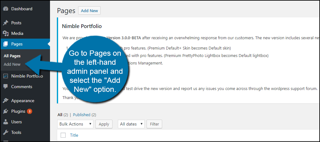 Go to Pages on the left-hand admin panel and select the "Add New" option.