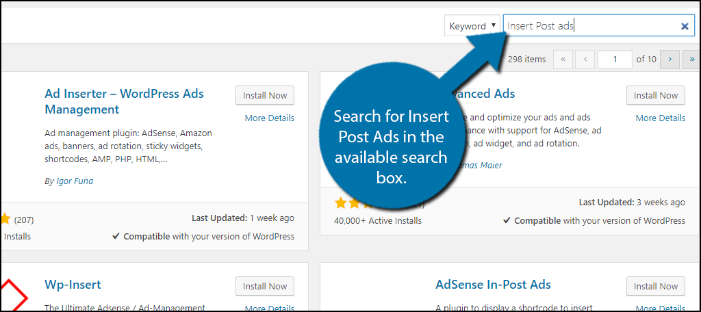 Search for Insert Post Ads in the available search box.