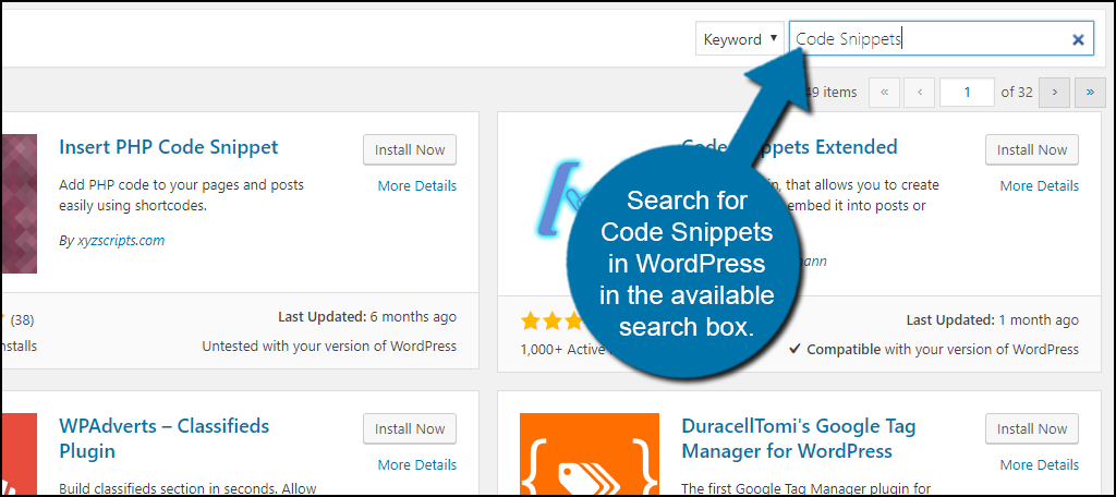 Search for Code Snippets in the available search box