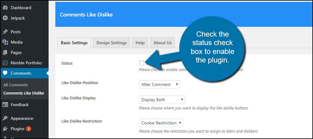 Check the status check box to enable the plugin.