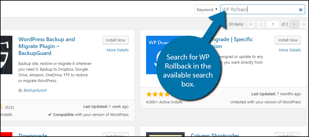 Search for WP Rollback in the available search box.