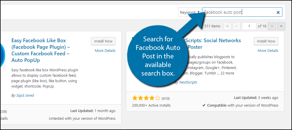 Search for Facebook Auto Post in the available search box.