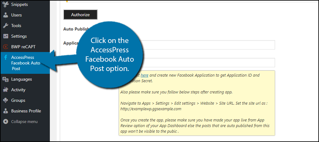 click on the AccessPress Facebook Auto Post option.