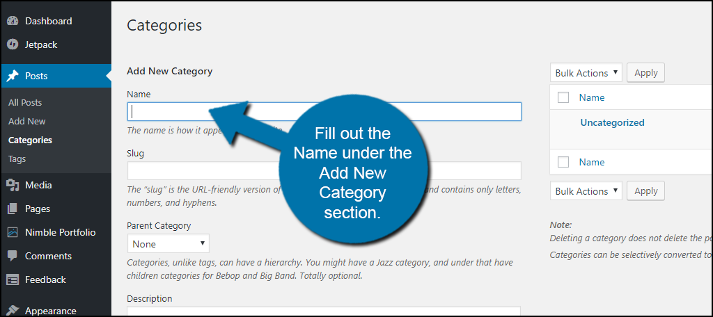 Fill out the Name under the Add New Category section.