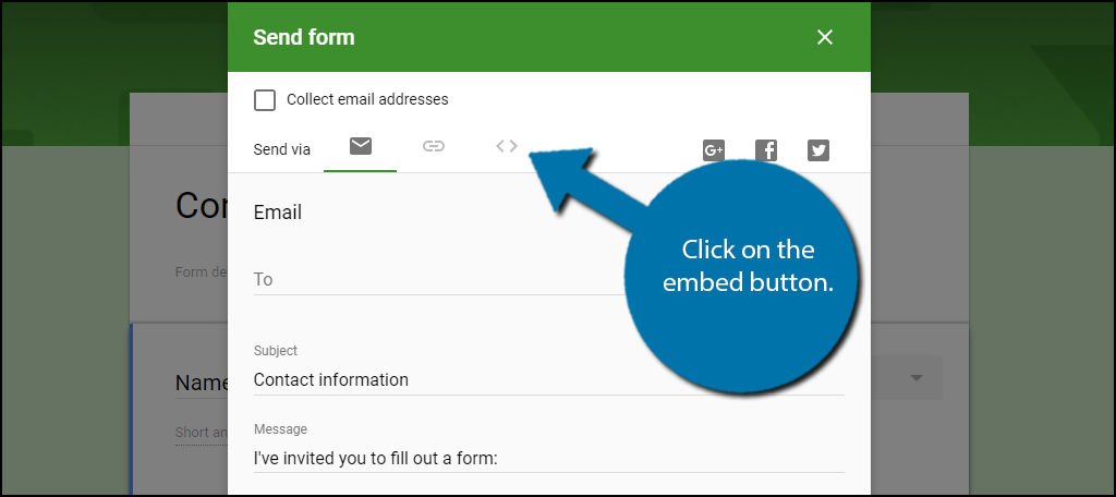Click on the embed option to begin embedding google forms in WordPress