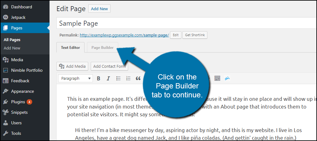 Click on the Page Builder tab to continue.