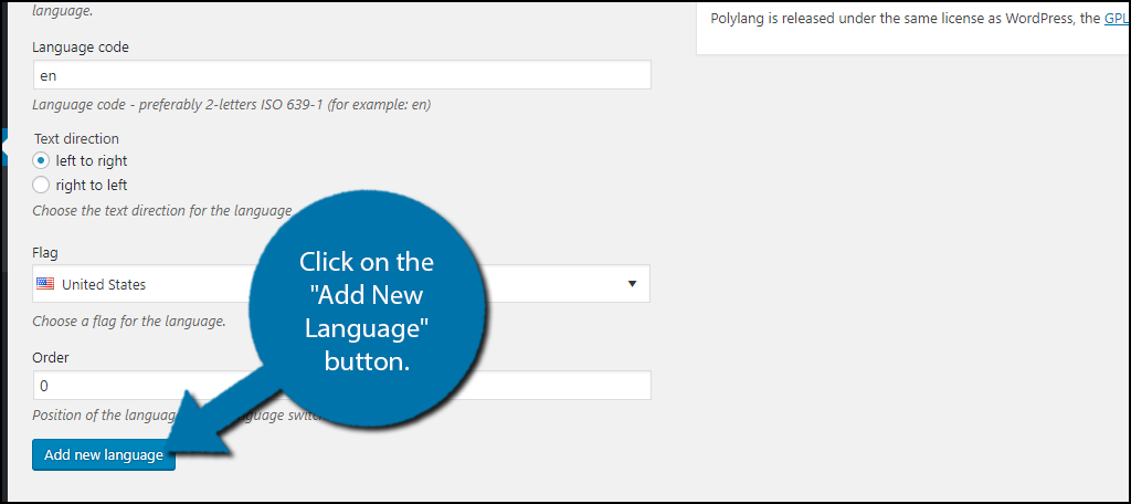 Click on the "Add New Language" button to save this language information