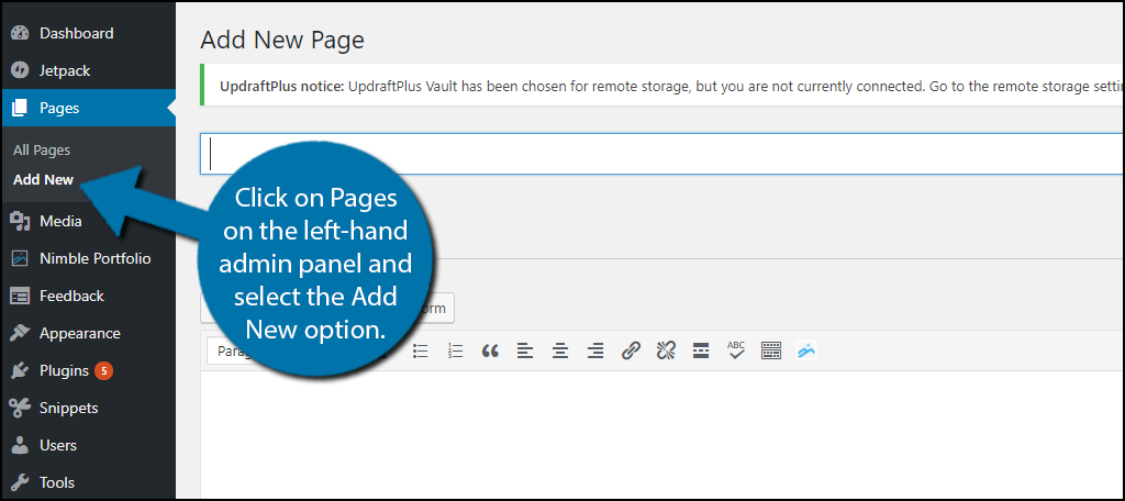 Let's click on Pages on the left-hand admin panel and select the Add New option.