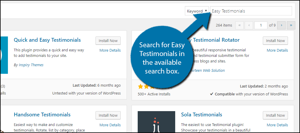 Search for Easy Testimonials in the available search box.