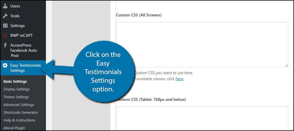 click on the Easy Testimonials Settings option.