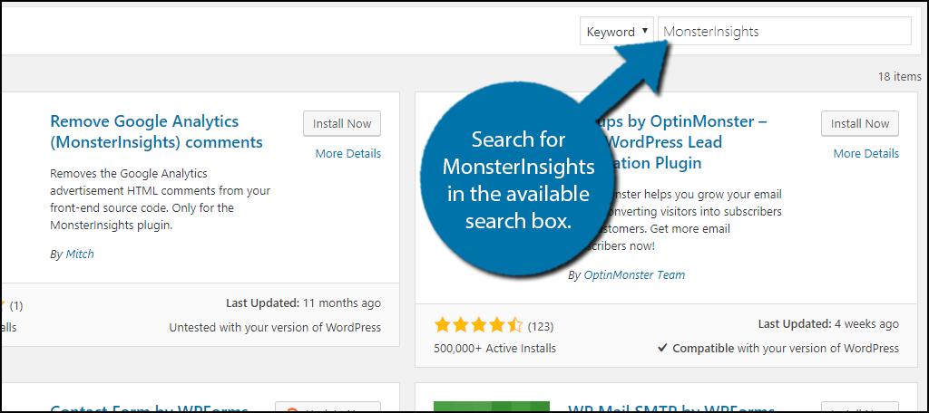 Search for MonsterInsights in the available search box.