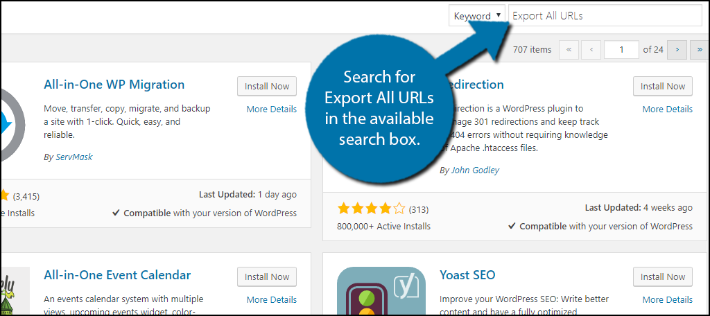 Search for Export All URLs in the available search box.