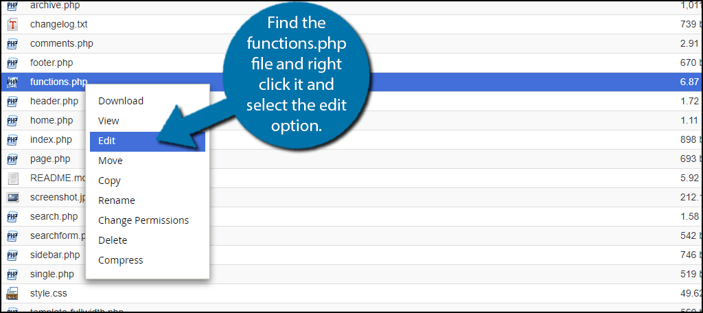 Find the functions.php file and right click it and select the edit option.