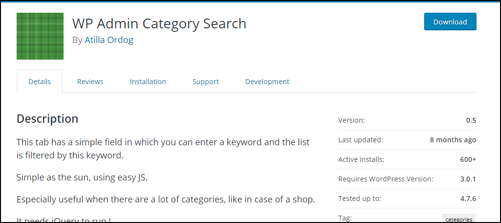 WP Admin Category Search