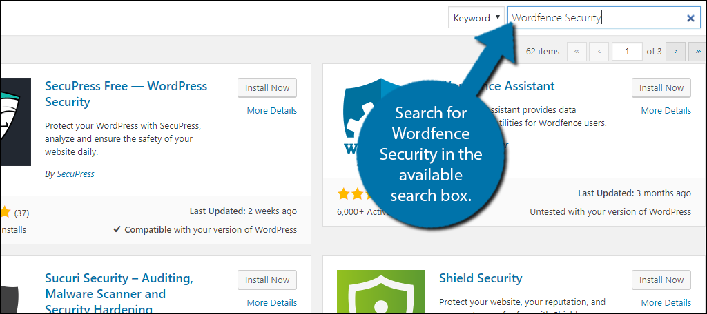 Search for Wordfence Security in the available search box.