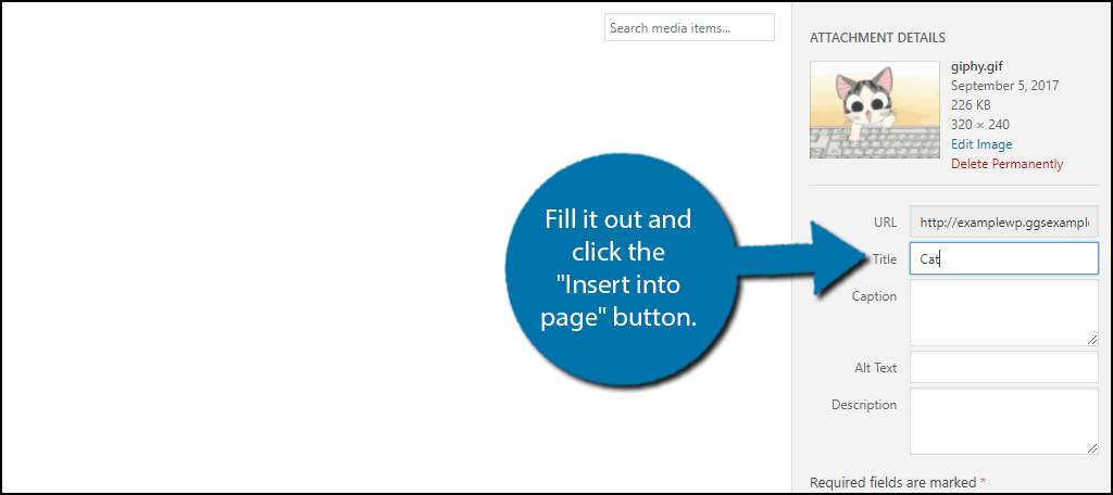 Rellénelo y haga clic en el botón "Insertar en la página".