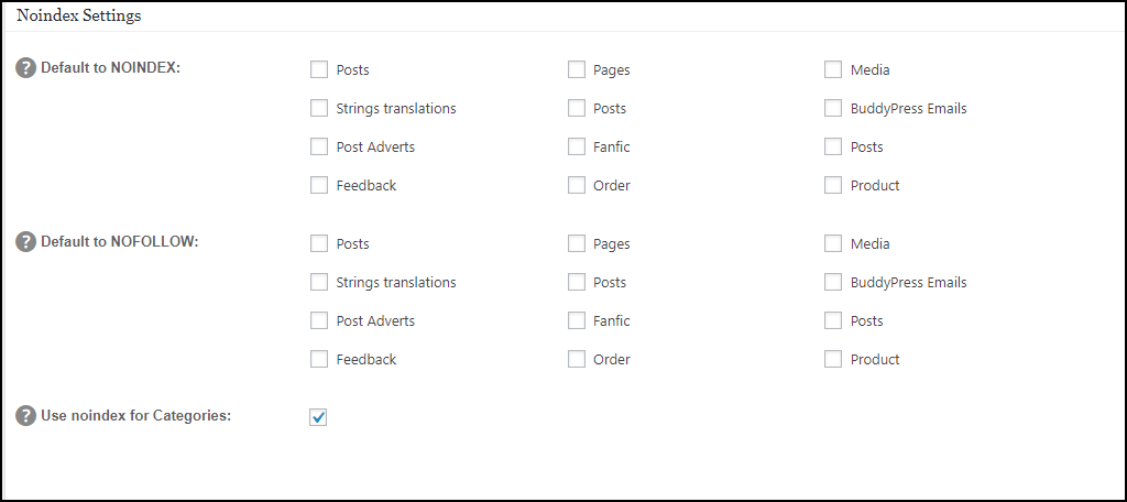 Noindex Settings