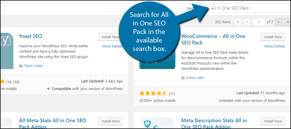 Search for All in One SEO Pack in the available search box.