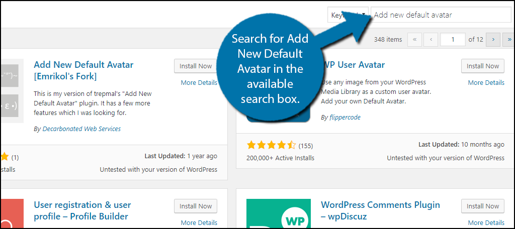 Search for Add New Default Avatar in the available search box.