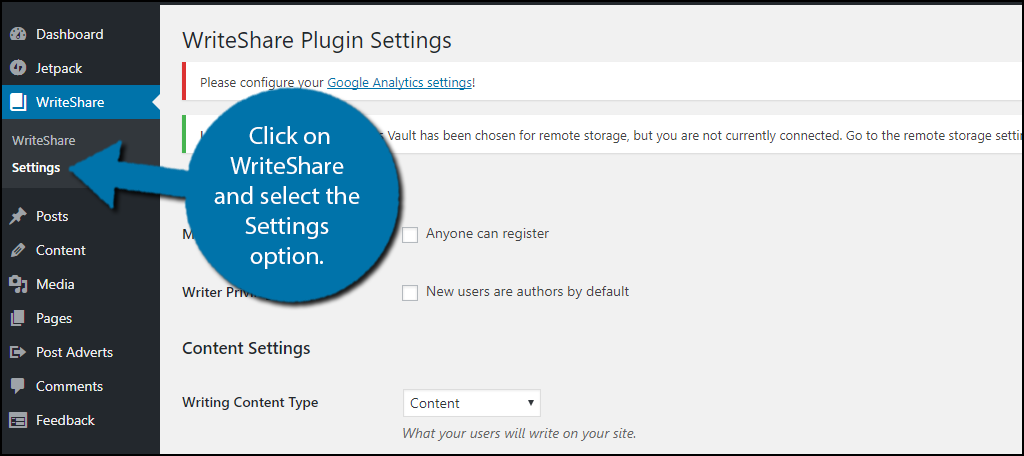 click on WriteShare and select the Settings option.