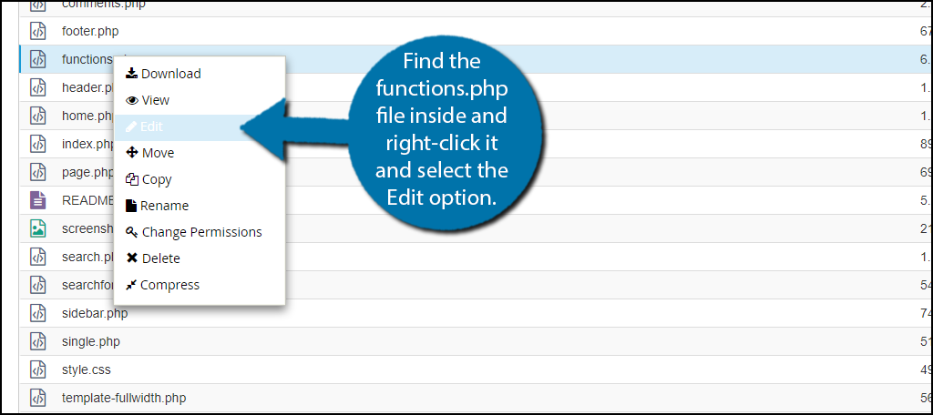 Find the functions.php file inside and right-click it and select the Edit option.