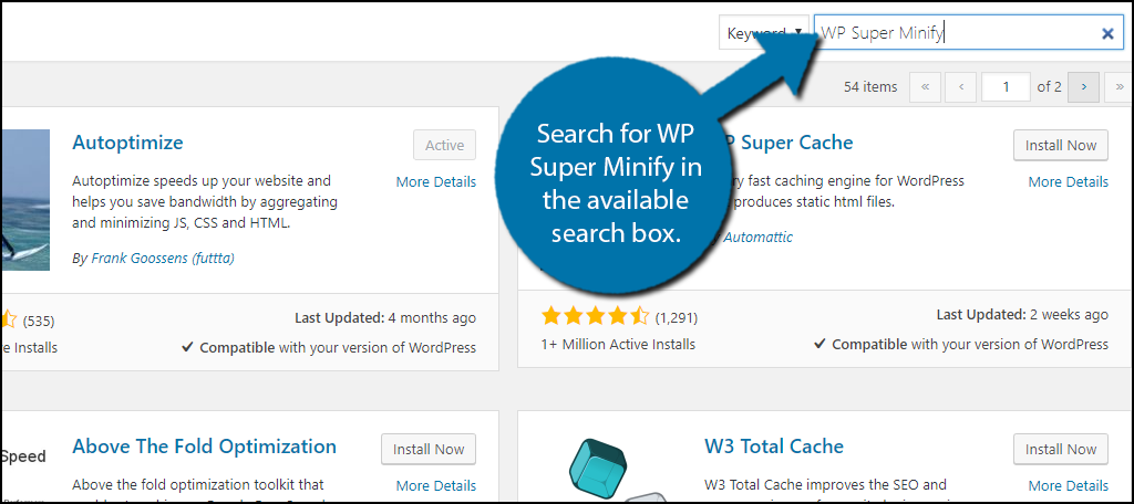 Search for WP Super Minify in the available search box.