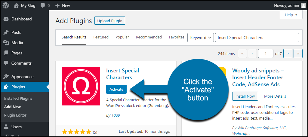 click to activate the WordPress Insert Special Characters plugin