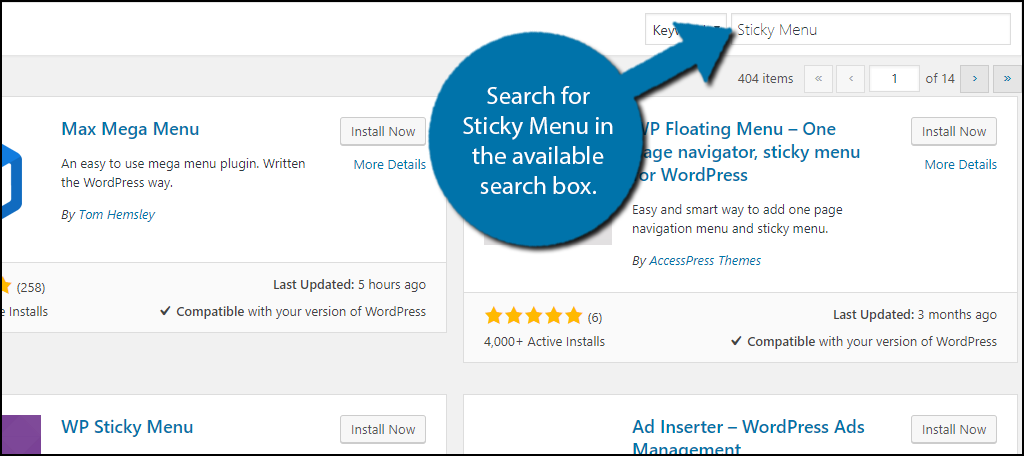 Search for Sticky Menu in the available search box.