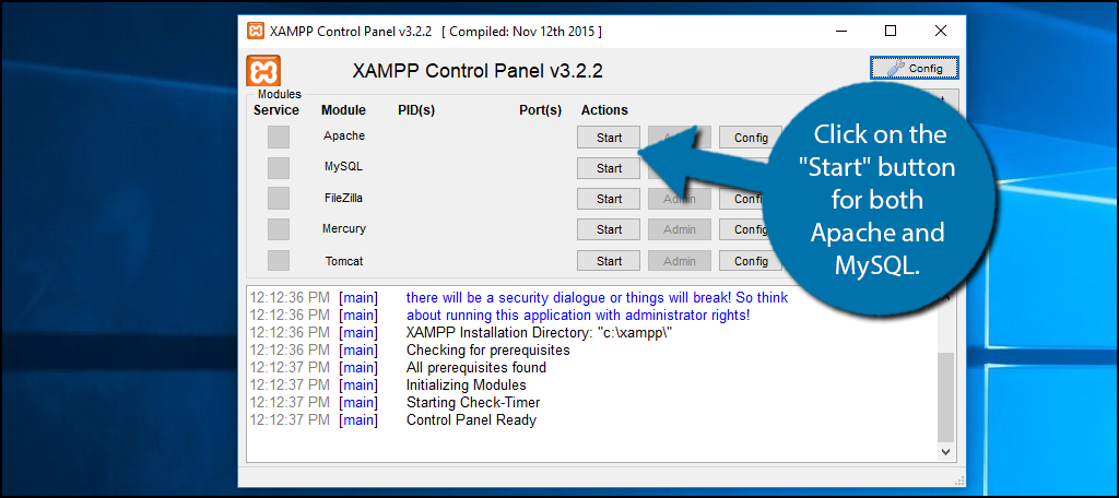 click on the "Start" button for both Apache and MySQL. 