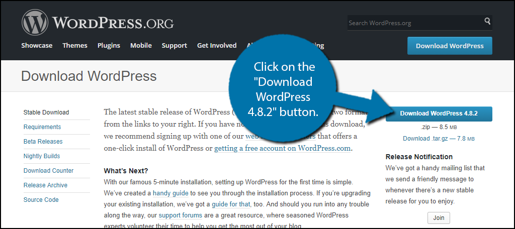 Click on the "Download WordPress 4.8.2" button