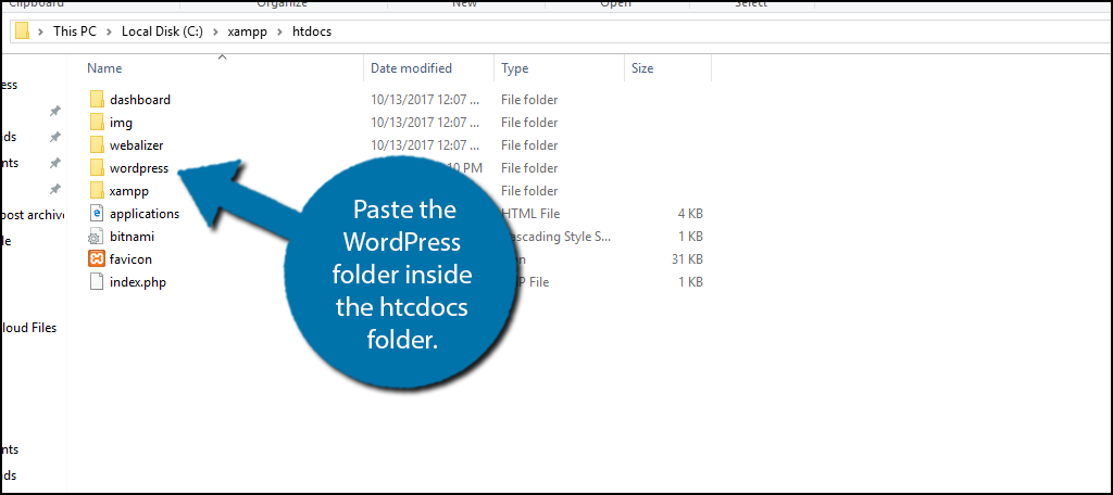 Paste the WordPress folder inside the htcdocs folder.