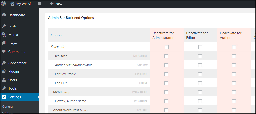 Opciones de la barra de administración para el panel de control del cliente de wordpress