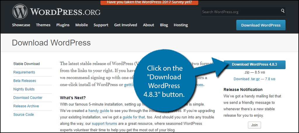 Click on the "Download WordPress 4.8.3" button.