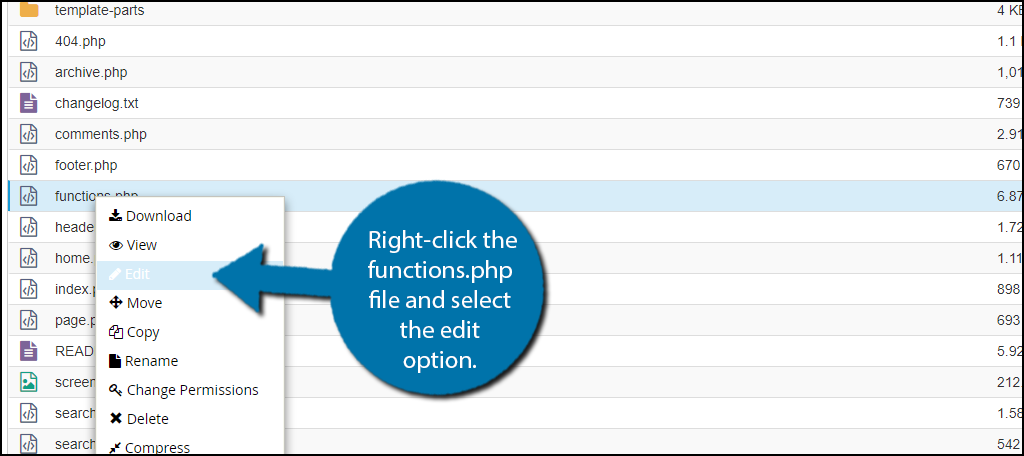 Haga clic derecho en el archivo functions.php y seleccione la opción de edición.