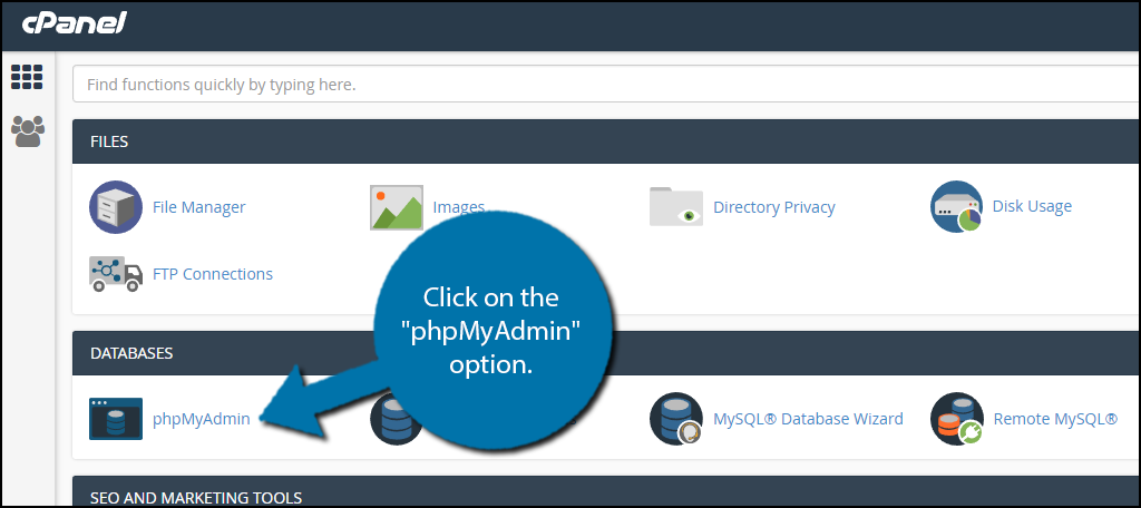 haga clic en la opción "phpMyAdmin"