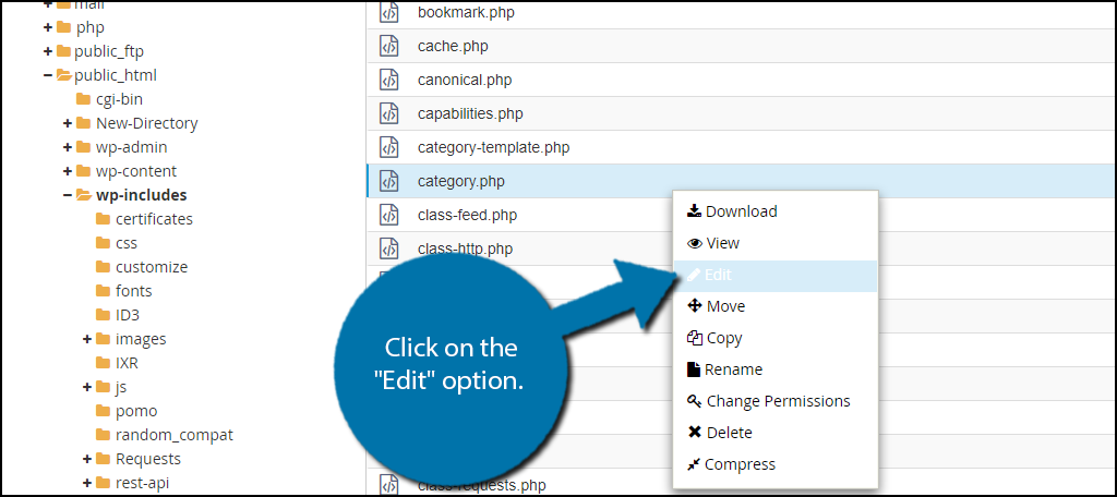 Right-click on the categories.php file and select the "Edit" option.