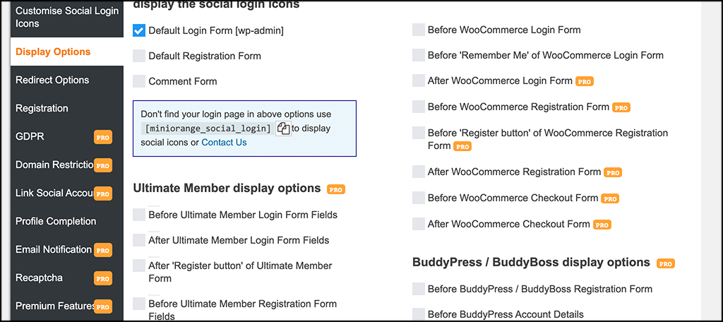 Configure display options for facebook login